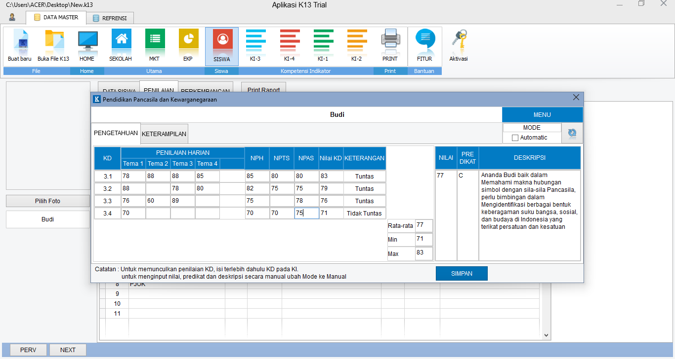 Input nilai SD