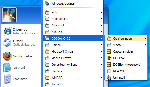 Windows Start Menu showing DOSBox
