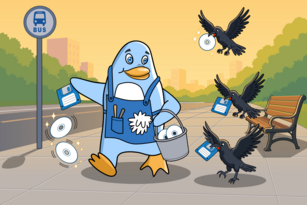 Freedo walks on the street sharing free software with crows.  Image by Jason Self.