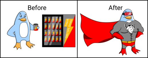 On the left (Before), Freedo drinks a can of Freesh GNU GPL Drinks.  On the right (After), he seems stronger wearing a superhero uniform with a GNU head on the chest.  Image by Jason Self from https://jxself.org/git/?p=freedo.git.