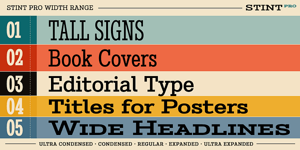 Card displaying Stint Pro typeface in various styles