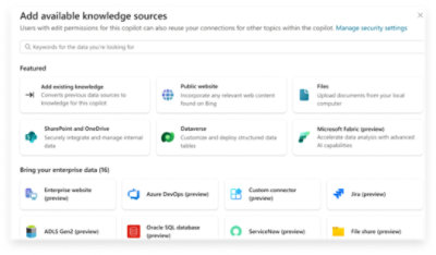 Ajoutez des sources de connaissances, intégrer SharePoint, OneDrive, Dataverse, fichiers, etc. pour l’enrichissement des données de Copilot