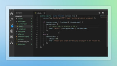 Computerbildschirm, auf dem ein Code-Editor mit geöffnetem JavaScript-Code angezeigt wird. Auf der Randleiste wird ein Dateiverzeichnis angezeigt.