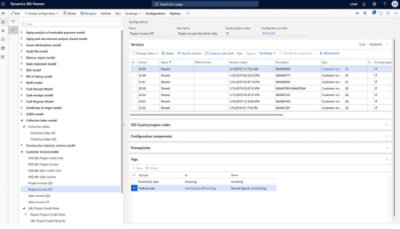 Skjermbilde av Dynamics 365 Finance-grensesnitt som viser konfigurasjonsversjoner for italienske prosjektfakturaformater under området for elektronisk fakturering.