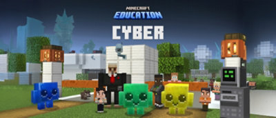 Ženklas su užrašu „MINECRAFT EDUCATION CYBER“ vaizdas iš arti.