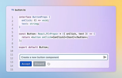 Et skærmbillede af Visual Studio Code-editor, der viser TypeScript-kode for en knapkomponent