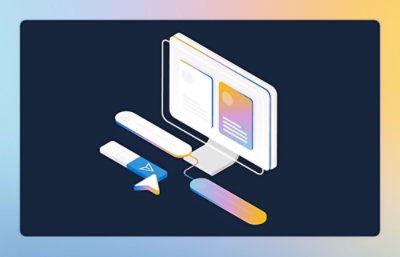 Et skærmbillede af en 3D-illustration af en computerskærm, der viser to websteder, Visual Studio Code-editor, der viser TypeScript-kode for en knapkomponent