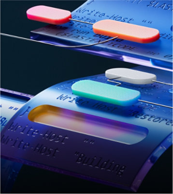 Close-up of a blue and orange rectangular object with text visible on its surface.