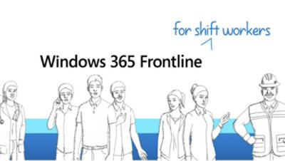 Illustration représentant un groupe de personnes avec le texte Windows 365 Frontline.