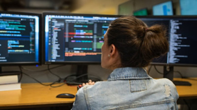 A woman sitting in front of a computer.