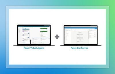 Diagram, der viser Power Virtual Agents integreret med Azure Bot Service på to bærbare computere.