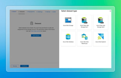 Arbetsflödesfönster för Azure Data Share som visar panelen Välj datatyp med alternativ som Azure Blob Storage, Azure Data Lake Storage, Azure SQL Database, Azure SQL Data Warehouse och Azure Data Explorer.