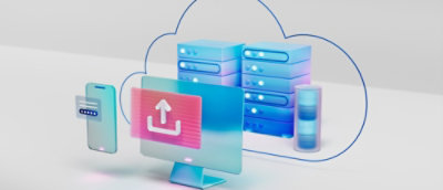 Illustration numérique montrant le concept de cloud computing avec un écran d’ordinateur et un smartphone