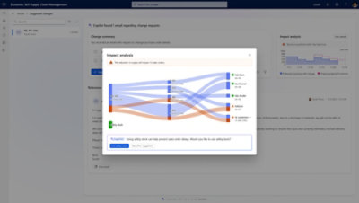 Softwarový řídicí panel znázorňující analýzu dopadu dodavatelského řetězce s vývojovým diagramem a bočním grafem zpoždění v průběhu času.