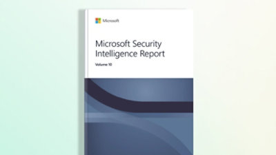 Detail knihy s bílým a modrým obalem s textem Microsoft Security Intelligence Report Volume 10.