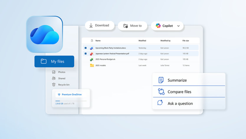 „Microsoft OneDrive“ saugios saugyklos langas su „Copilot“ iššokančiu langu, kuriame pateikiamos galimybės apibendrinti, palyginti arba užduoti klausimus apie du pasirinktus failus.