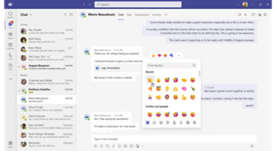 Réactions par emoji ouvertes dans Teams.