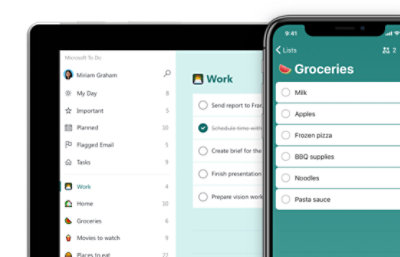 Ponsel dan tablet pintar yang menampilkan daftar Belanja dan daftar tugas