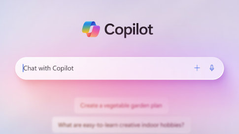Lähikuva Copilot-sovelluksen hakupalkista vaaleanpunaisella purppurataustalla