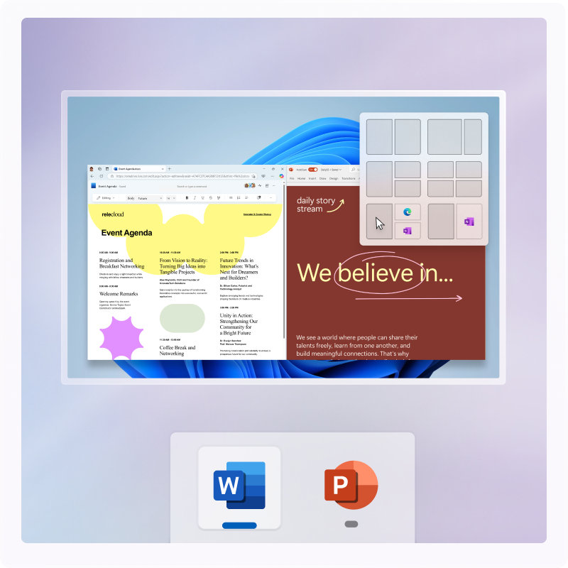 Word-asiakirja ja PowerPoint-tiedosto avoinna tietokoneen näytöllä siten, että kohdistusasetteluruudukko on oikeassa yläkulmassa ja suurennetut Word- ja PowerPoint-kuvakkeet alareunassa vaalean purppuranpunaisella liukuväritaustalla.