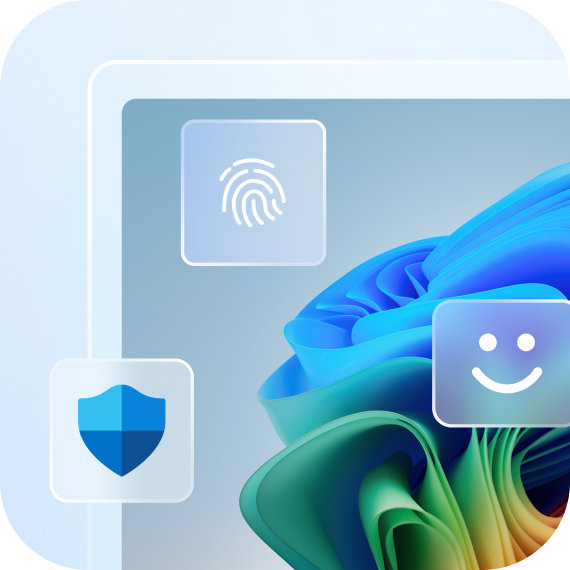 Partial view of a Windows PC screen with the rainbow bloom and enlarged Windows icons on top of a light blue background