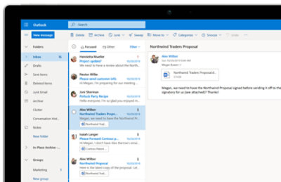 Enhetsskärm där inkorgen i Outlook Exchange visas