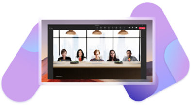 A Teams video call in Together mode showing all members of the call in one room at a table together.