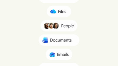 Menu de navigation affichant des catégories de contenu avec des icônes, notamment Fichiers, Contacts, Documents et E-mails.