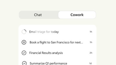 Cowork tab displaying AI-assisted task suggestions with estimated completion times.