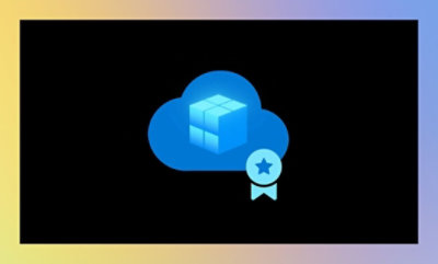 Graphique d’un nuage bleu ayant un cube 3D à l’intérieur et un badge ruban, symbolisant un espace de stockage ou un service nuage certifié.