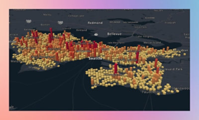 西雅圖地圖上的 3D 長條圖覆蓋，顯示不同高度的資料長條。