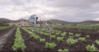 Uma máquina trabalhando em um campo de cultivo exibindo dados sobre os cultivos