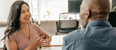 A man and woman talking.
