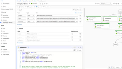 Ett fönster för ett arbetsflöde i en Azure AI-instrumentpanel som visar information om indata och utdata under PromtTuneDemo 