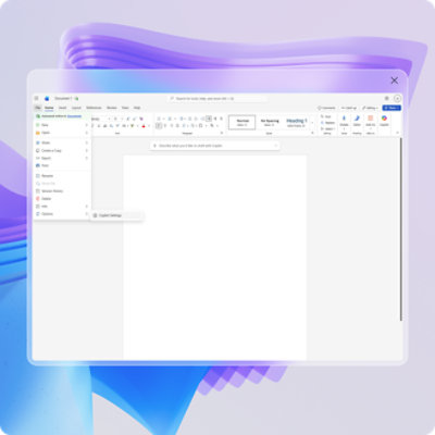 Microsoft Word showing Copilot settings menu and blank document