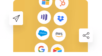 Various integration logos in circles with arrows showing connections.