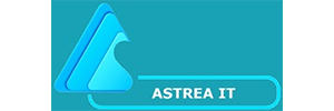 Blue stylized triangular logo with text 'ASTREA IT' on a teal background.