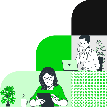 Kobiety i mężczyźni siedzą przed laptopem i tabletem i korzystają ze szkoleń e-learningowych 