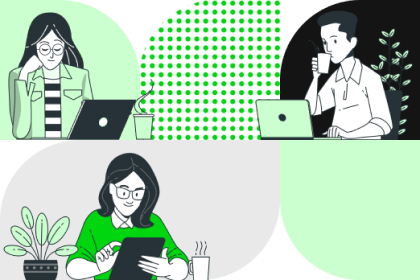 Kobiety i mężczyźni siedzą przed laptopem i tabletem i korzystają ze szkoleń e-learningowych 
