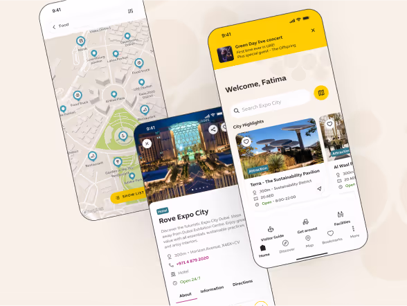 Three smartphone screens showing a map with food spots, a city guide, and city highlights interface.