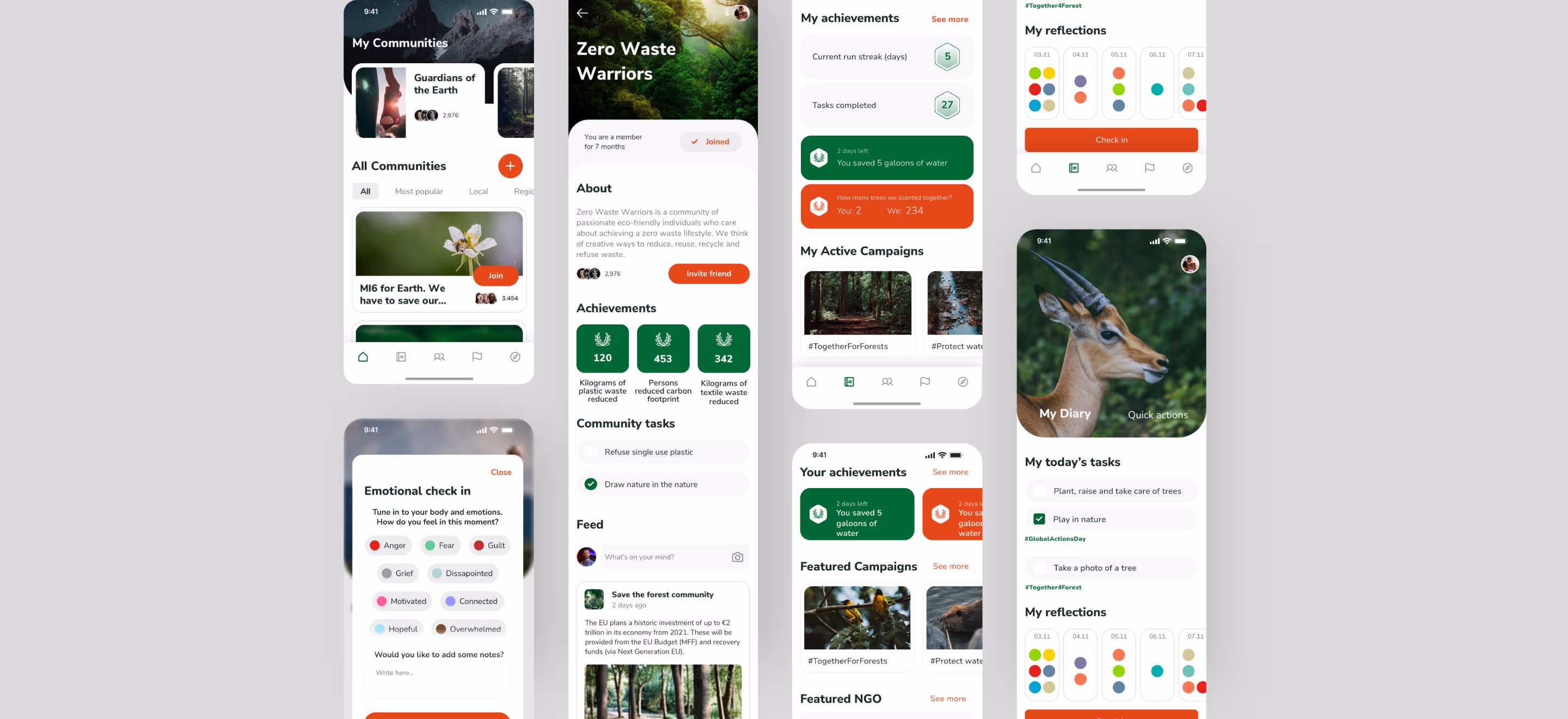 Mobile app screens showing eco-friendly community, achievements, tasks, reflection check-ins, and diary with nature themes.