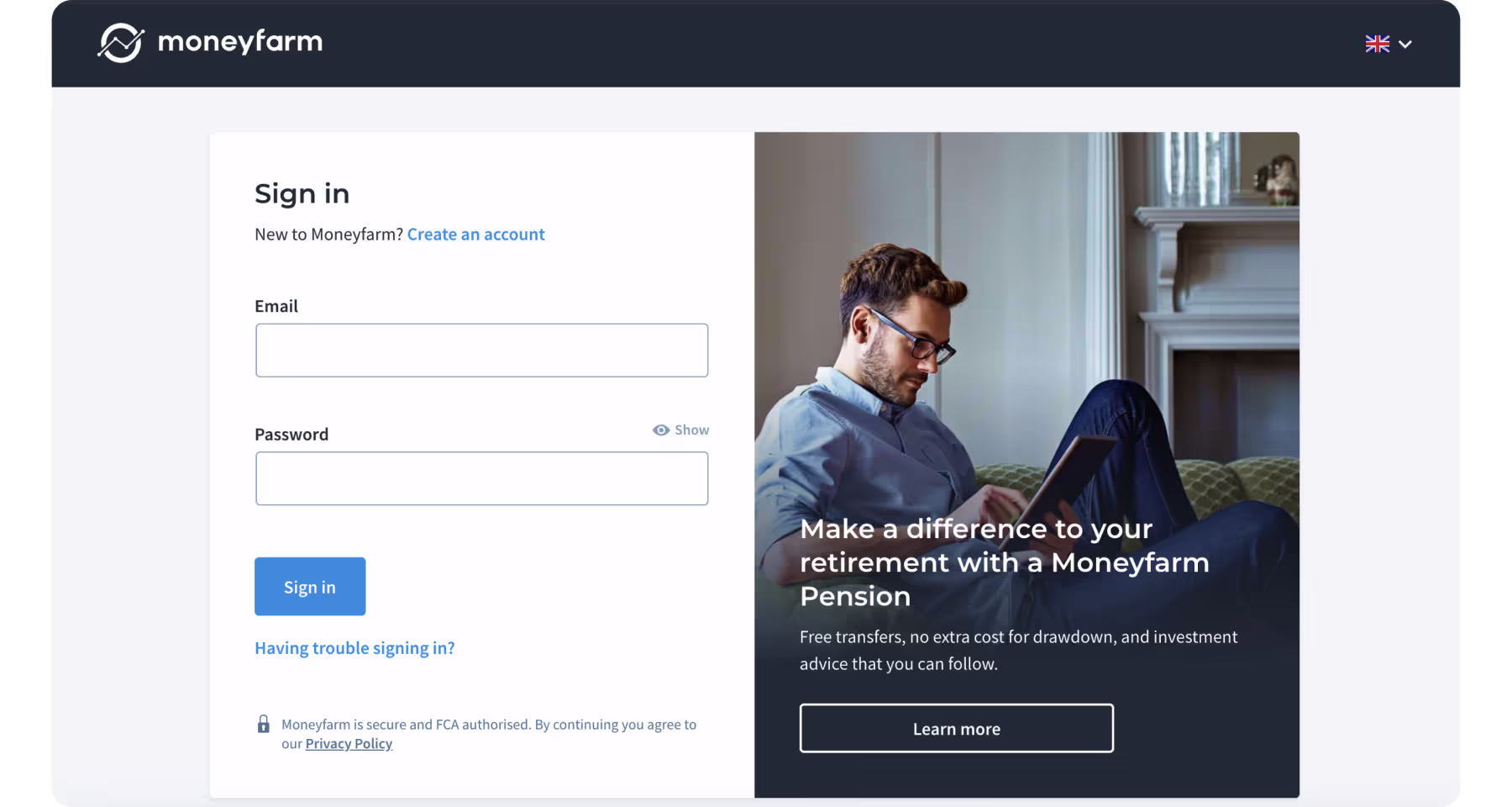 Moneyfarm sign-in page with email and password fields and a man using a tablet on the right side.