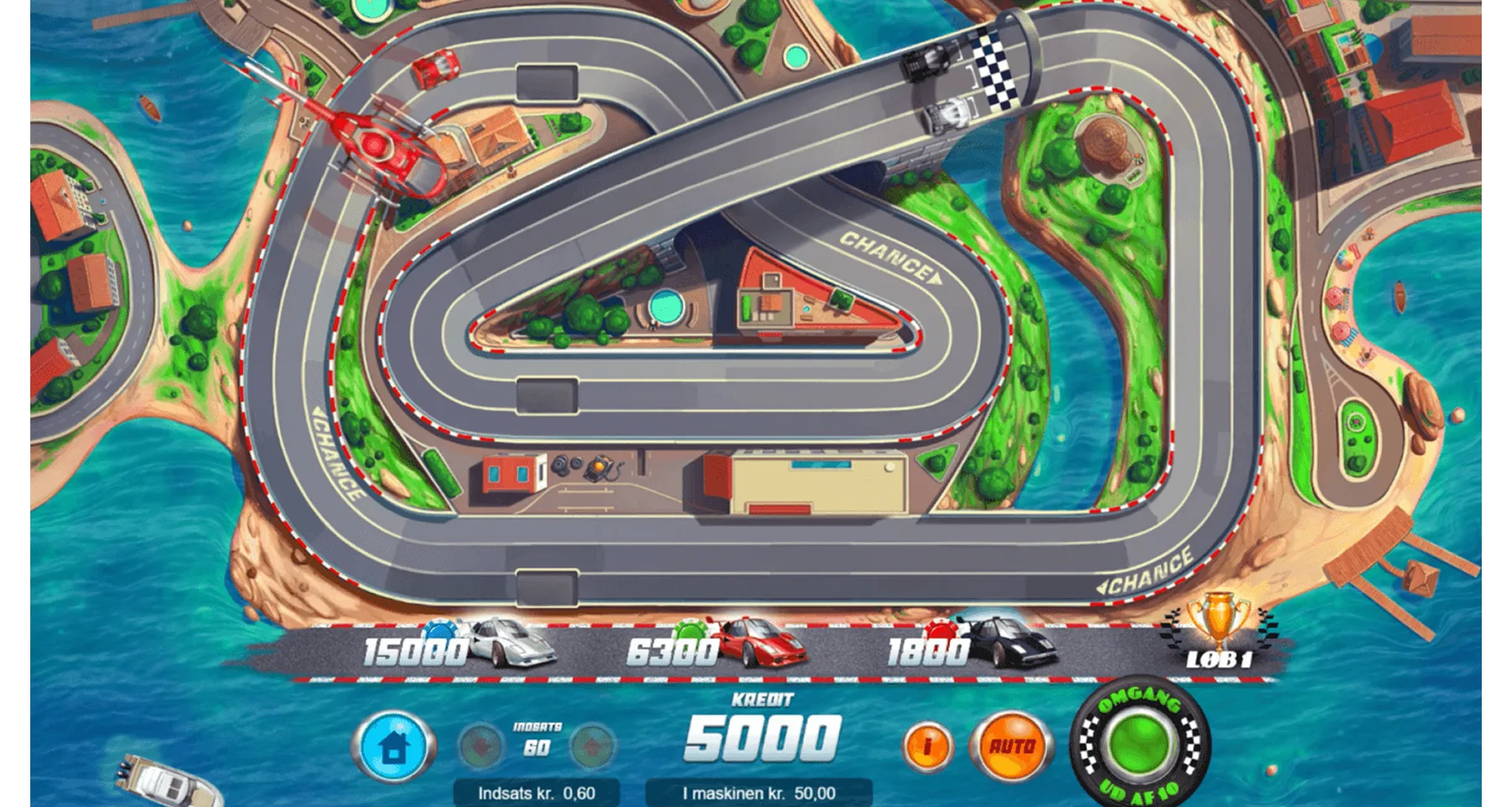 Top-down view of a racing game track with three cars, a helicopter, and score displays.