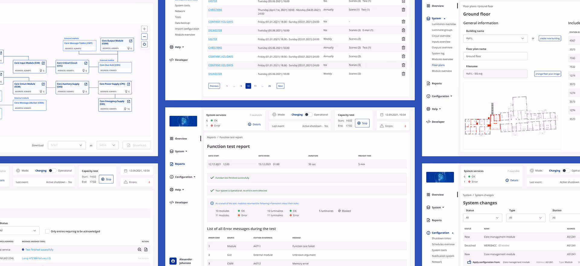 Dashboard showing system modules, function test report, errors, floor plan, and system changes in a software interface.