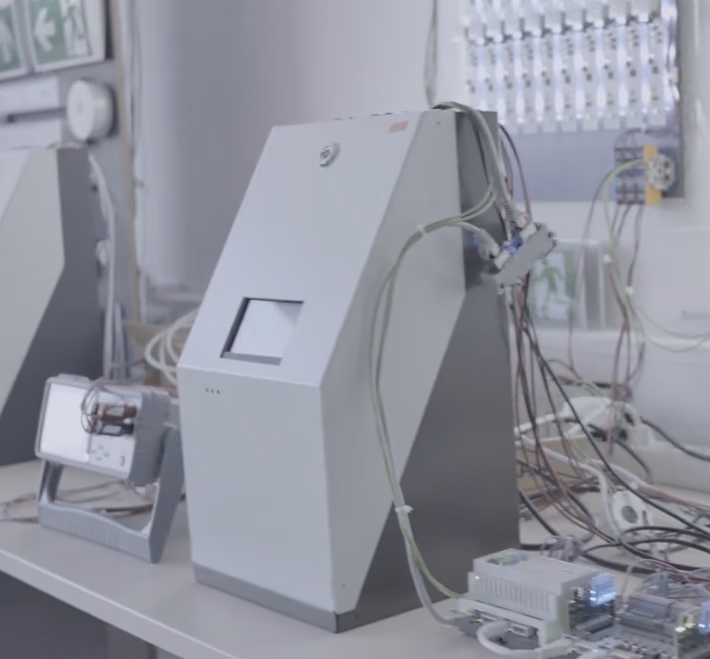 Laboratory device connected with multiple tubes and wires on a white bench with control panels in the background.
