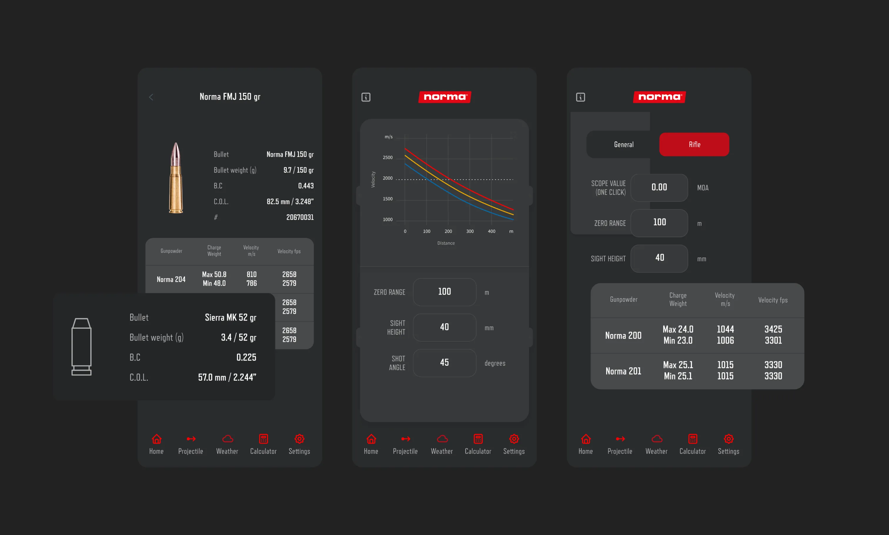 Norma ballistic calculator app showing rifle specifications, trajectory charts, and ammunition data across three screens.