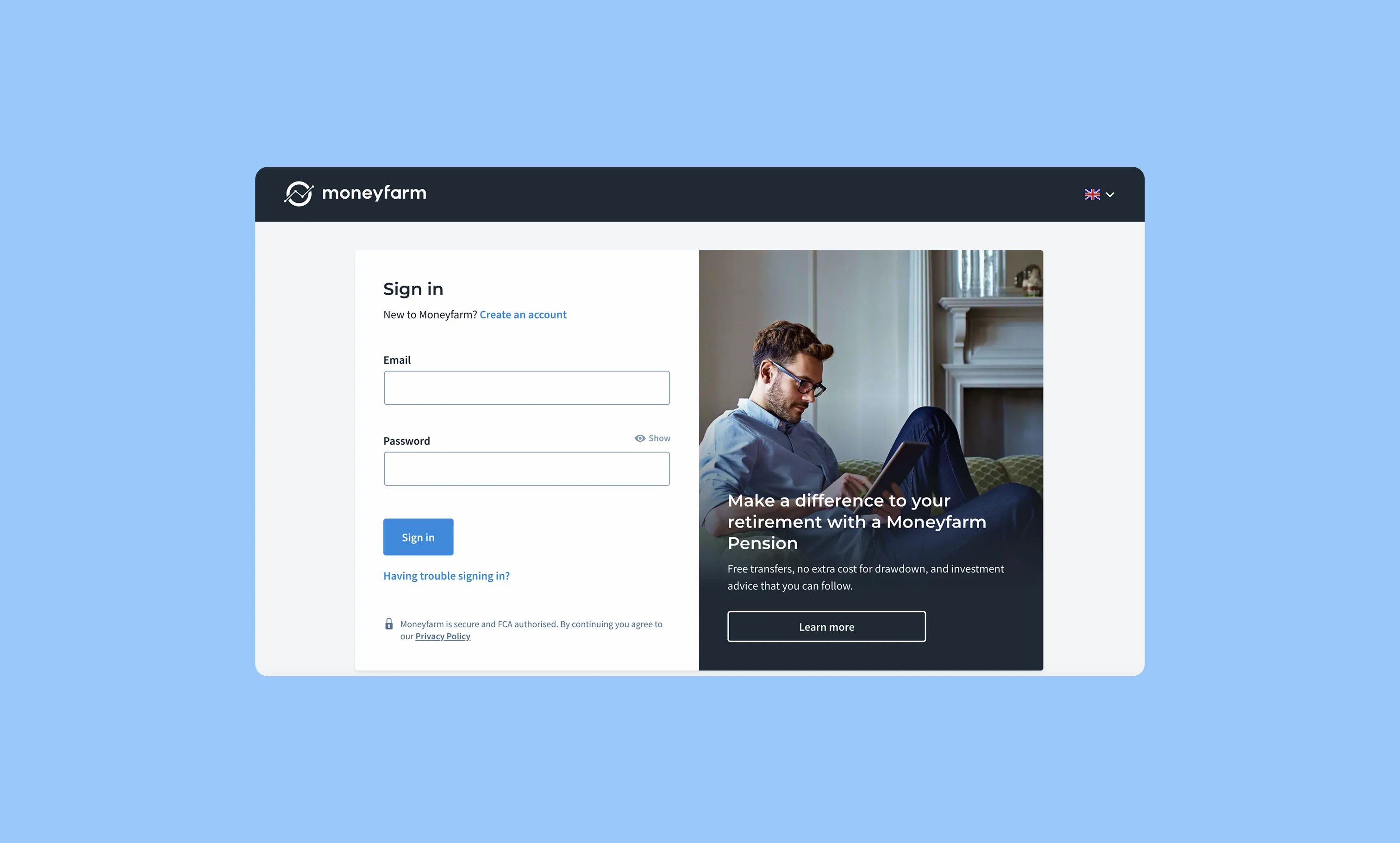Moneyfarm login page with email and password fields, sign-in button, and pension plan promotional content on the right.