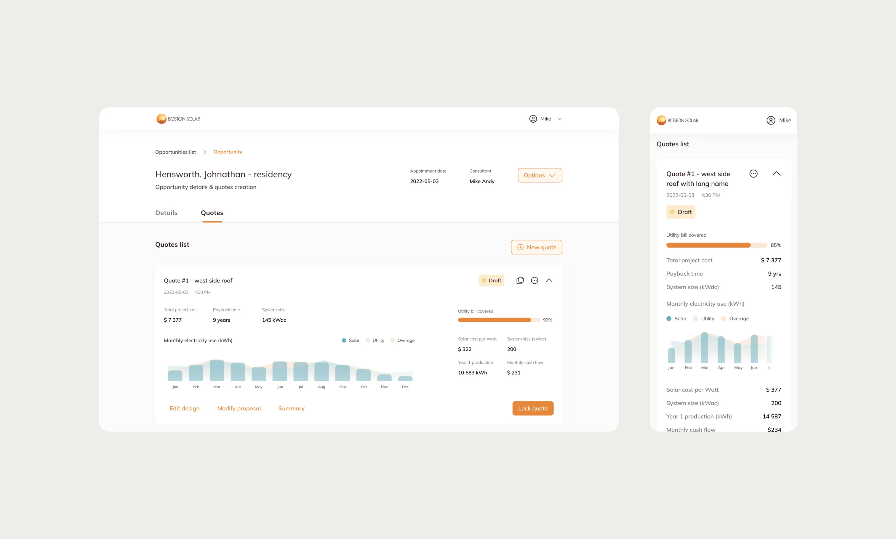 Boston Solar quote management interface showing opportunity details, quotes list, and solar system specifications for residential installation.
