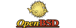A cartoon pufferfish blowing spines above the text OpenBSD in yellow and red font.