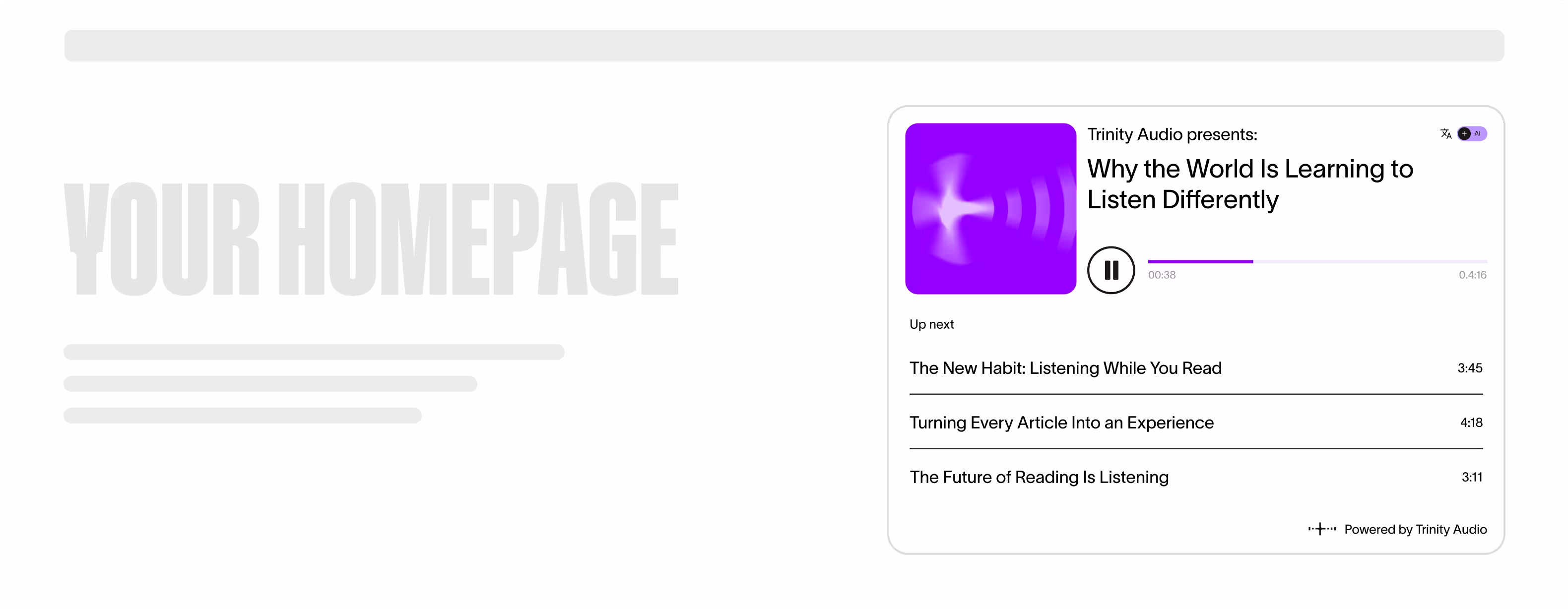 Audio player titled Why the World Is Learning to Listen Differently with a pause button and upcoming tracks listed.